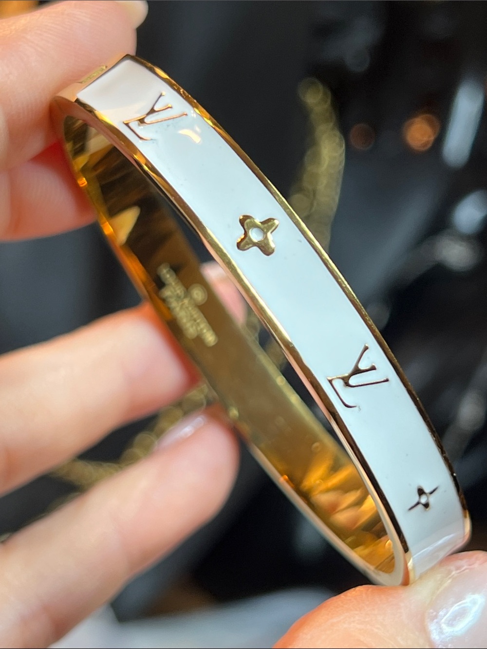 White and Gold Enamel Logo Bangle Bracelet